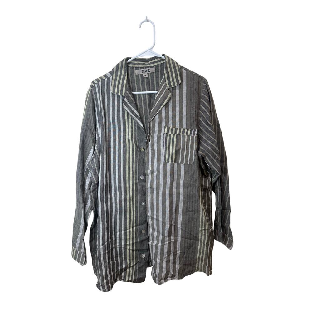 FLAX Button Down LongSleeve Linen Tunic Dress Sz S Beige Green Gray GREAT!